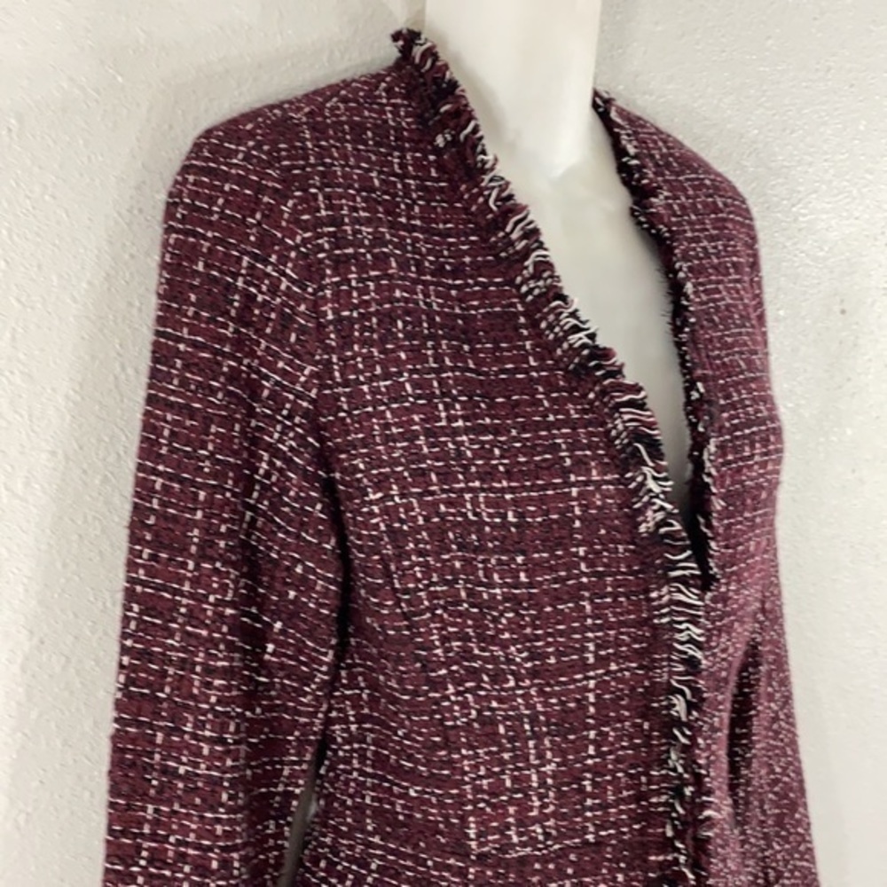 WHBM burgundy white black tweed peplum fringe jacket - Picture 7 of 15